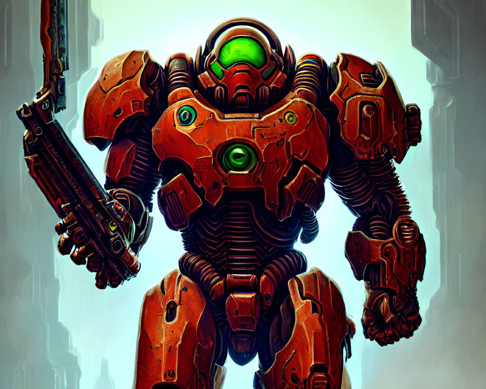 Detailed Illustration: Bulky Orange Robotic Entity with Green Glowing Elements and Large Cannon
