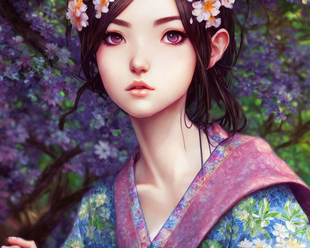 Portrait of young woman with expressive eyes, floral hair adornments, kimono, and blossoming backdrop