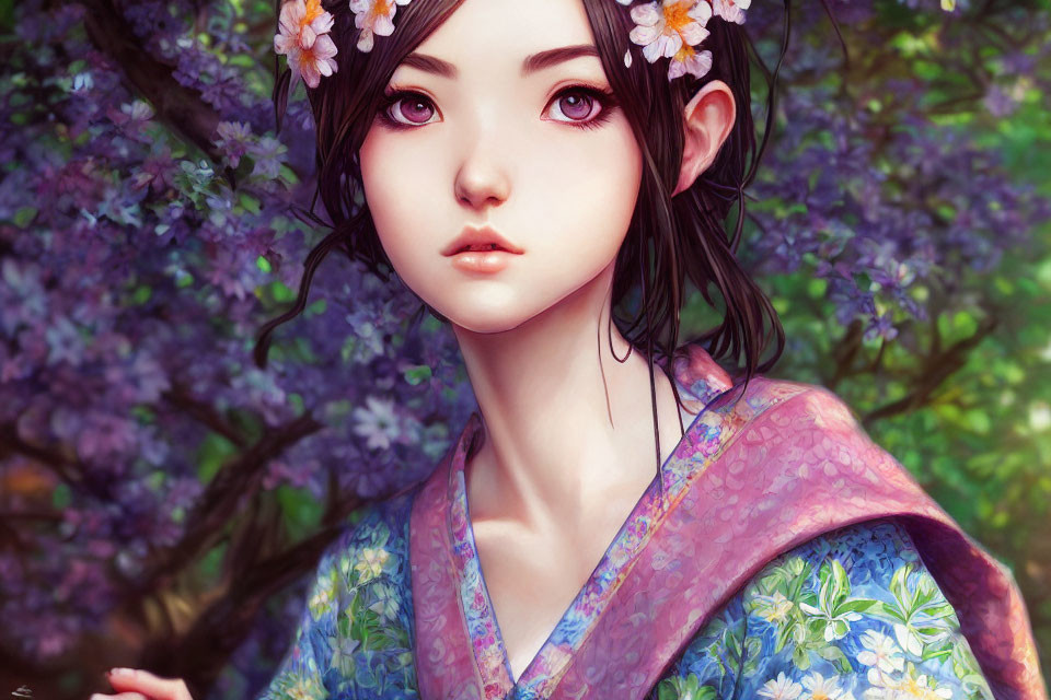 Portrait of young woman with expressive eyes, floral hair adornments, kimono, and blossoming backdrop