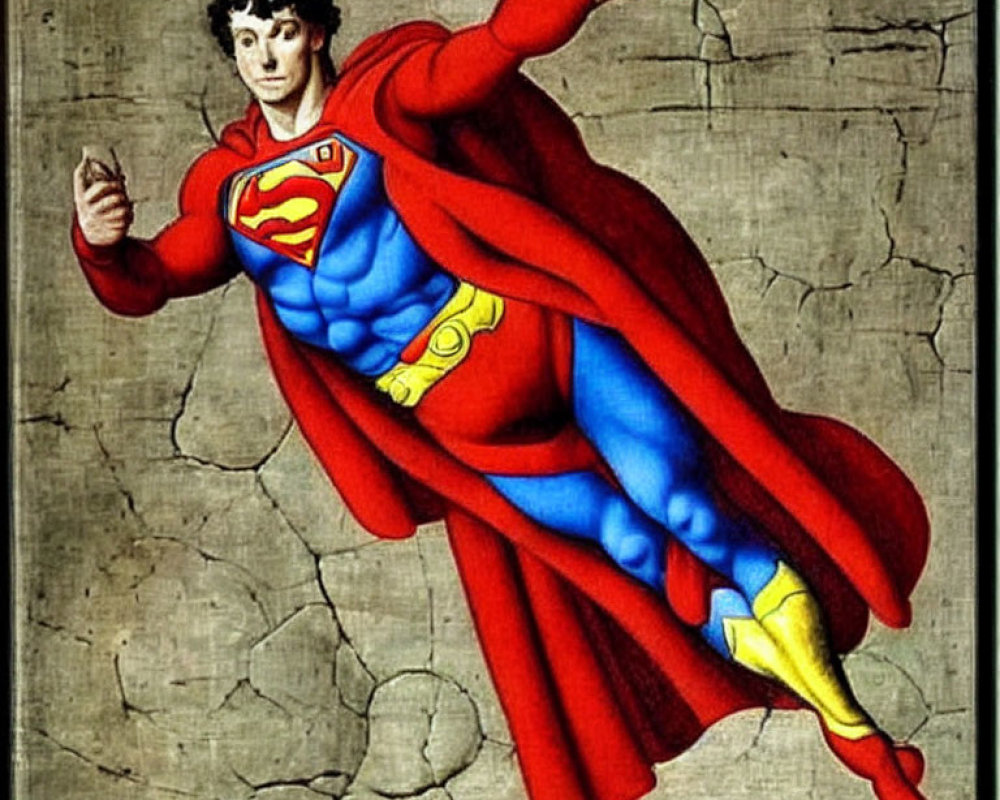 Superman flying with red cape and blue suit on cracked stone background