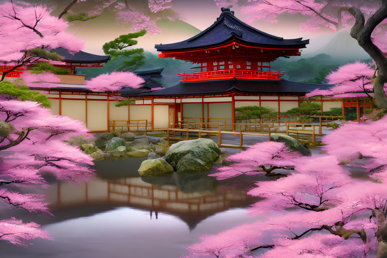 Traditional Japanese garden with red pagoda, cherry blossoms, and tranquil pond.