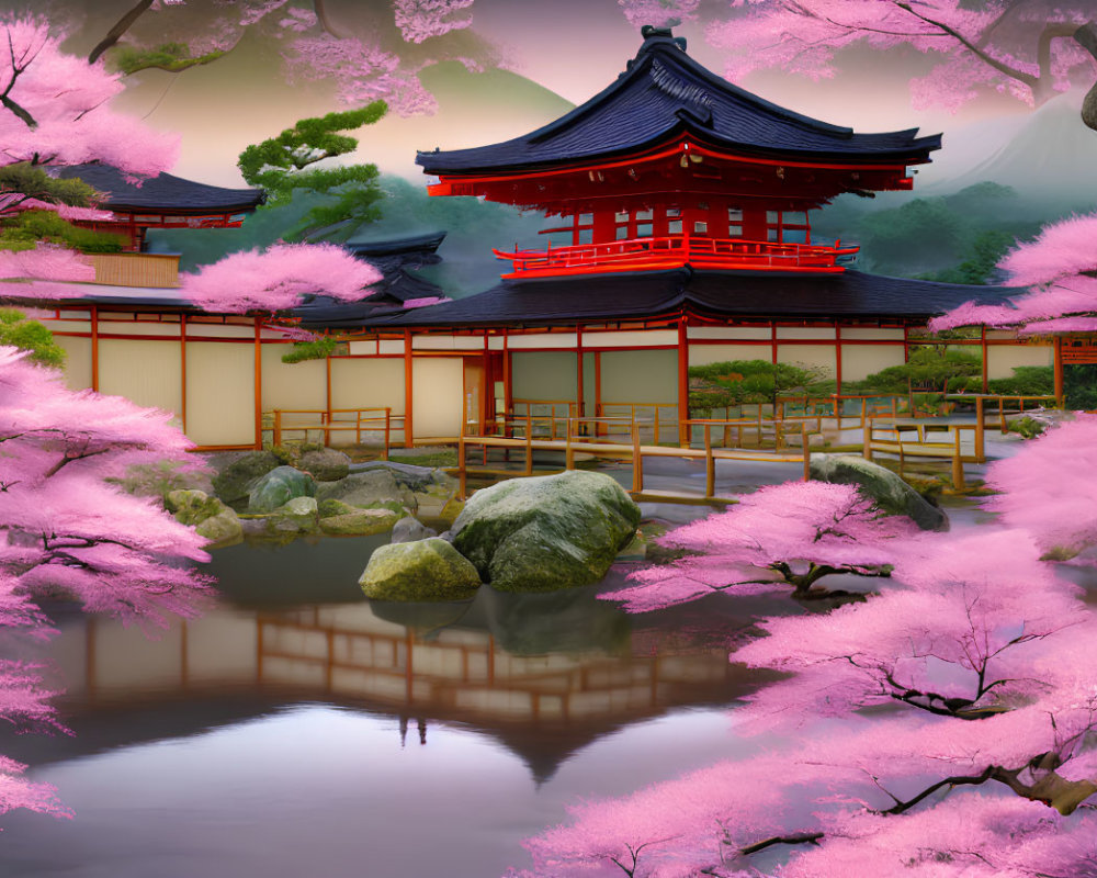 Traditional Japanese garden with red pagoda, cherry blossoms, and tranquil pond.