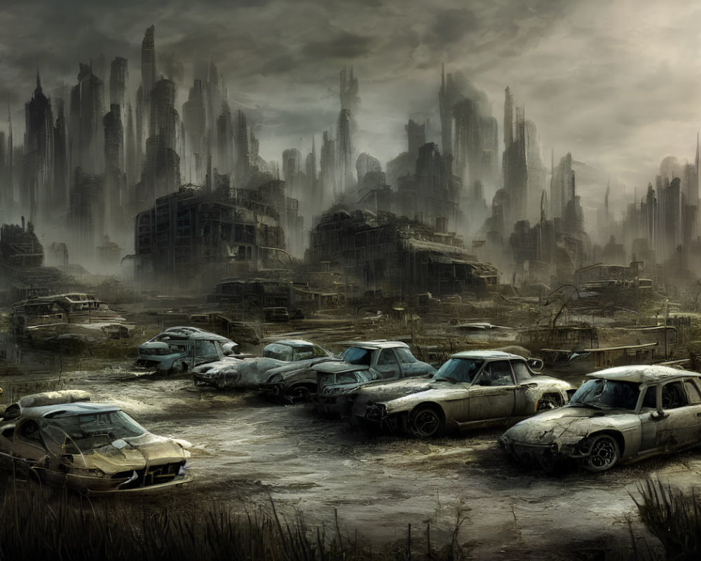 Dystopian cityscape with dilapidated buildings and abandoned cars