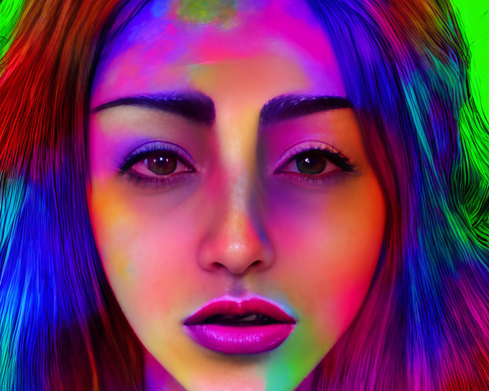 Vibrant rainbow digital portrait with intense gaze