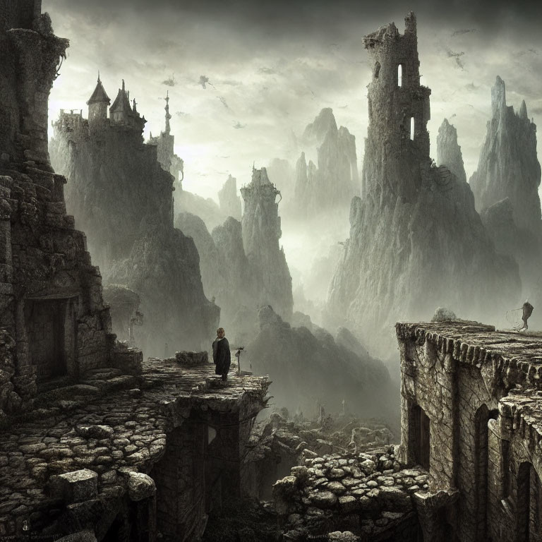 Figure sitting on edge of ruined structure in misty mountain landscape with castles and birds.