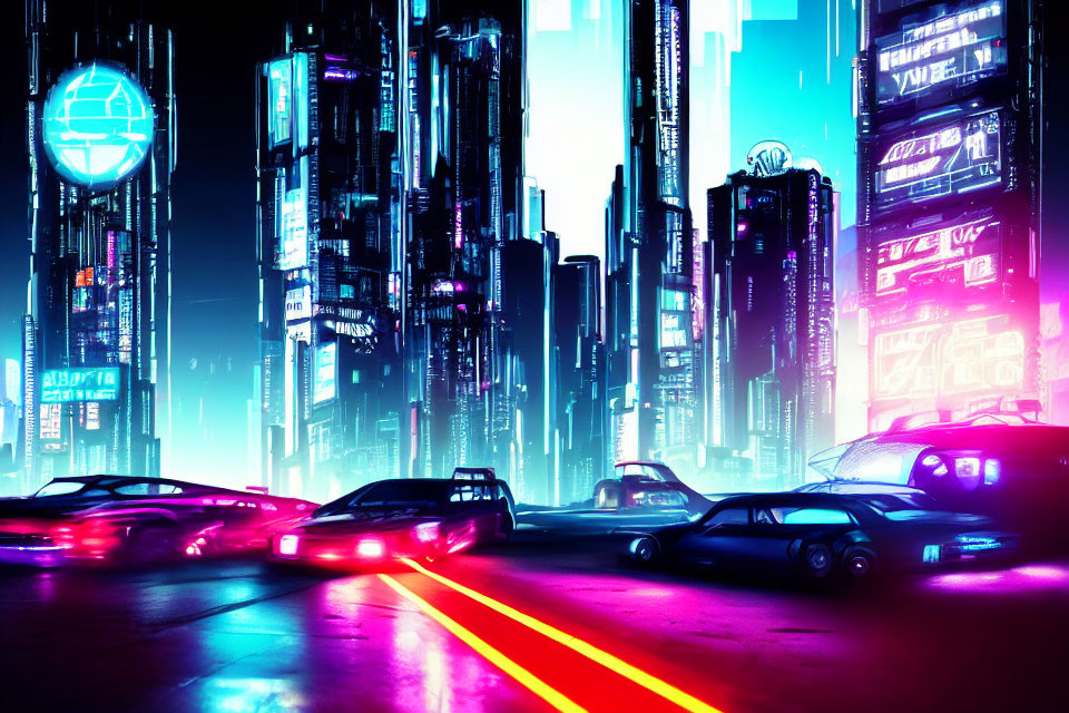 Futuristic cyberpunk cityscape with neon signs, skyscrapers, and sleek cars