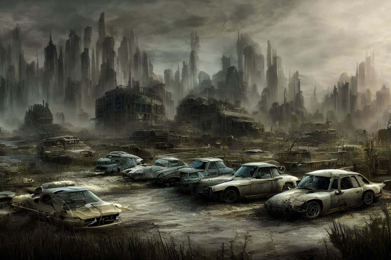 Dystopian cityscape with dilapidated buildings and abandoned cars
