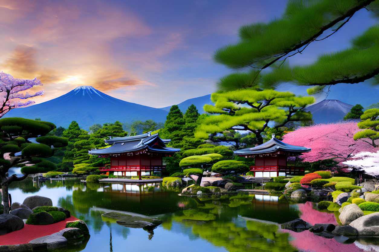 Traditional Japanese Garden with Mount Fuji, Red Buildings, and Cherry Blossoms