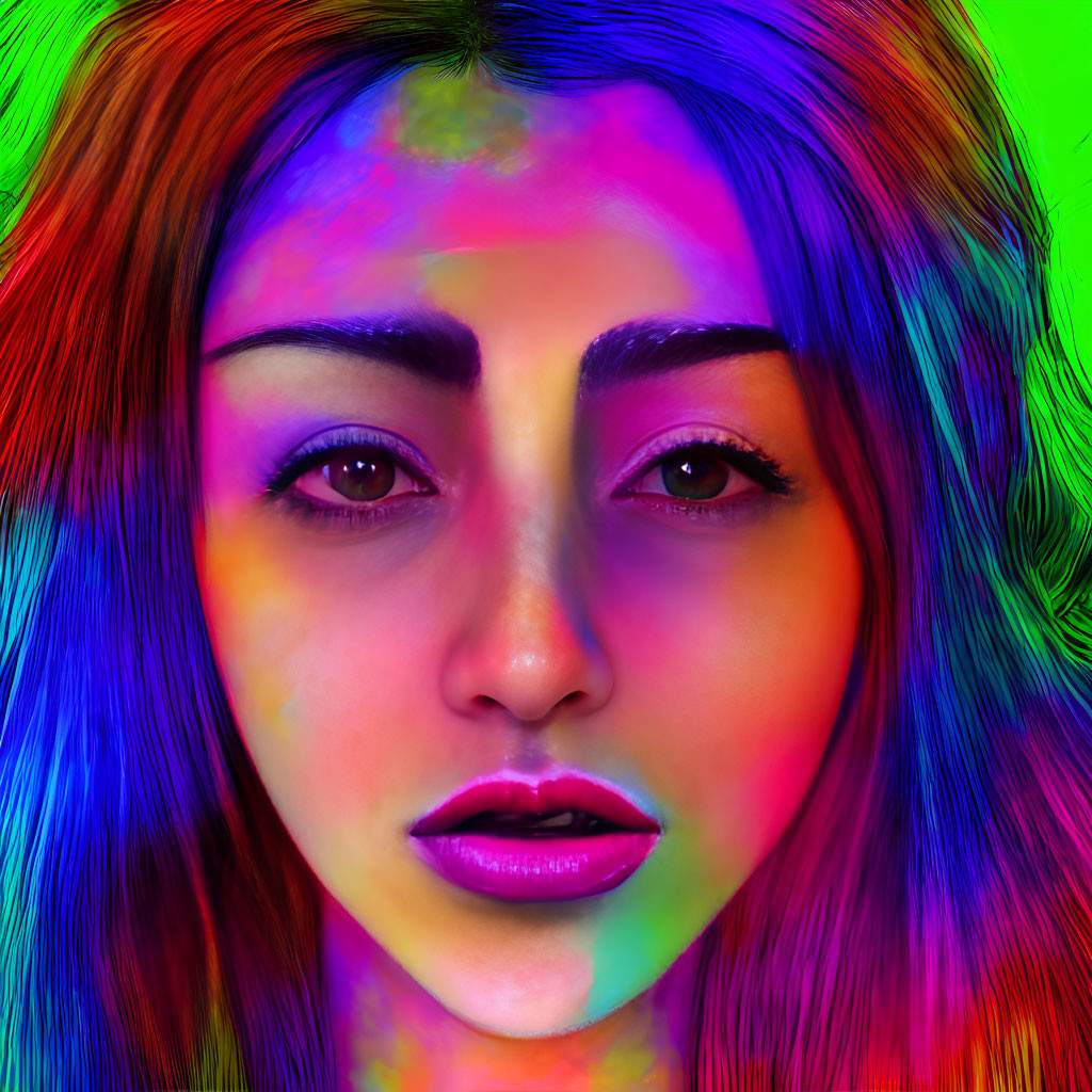 Vibrant rainbow digital portrait with intense gaze