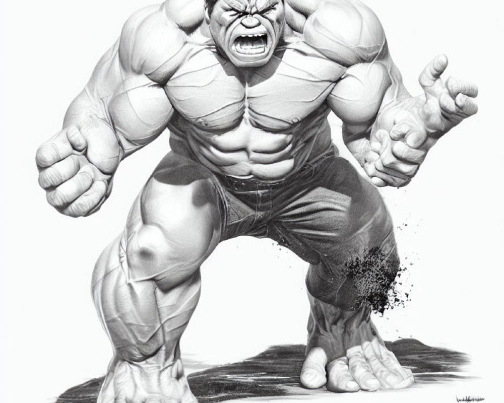 Muscular Black and White Aggressive Character Drawing with Clenched Fists