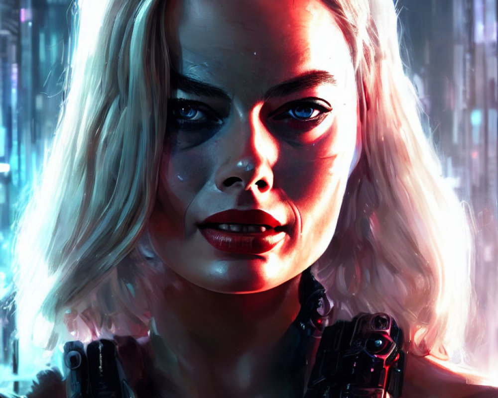 Blonde woman with cybernetic enhancements in neon cyberpunk setting