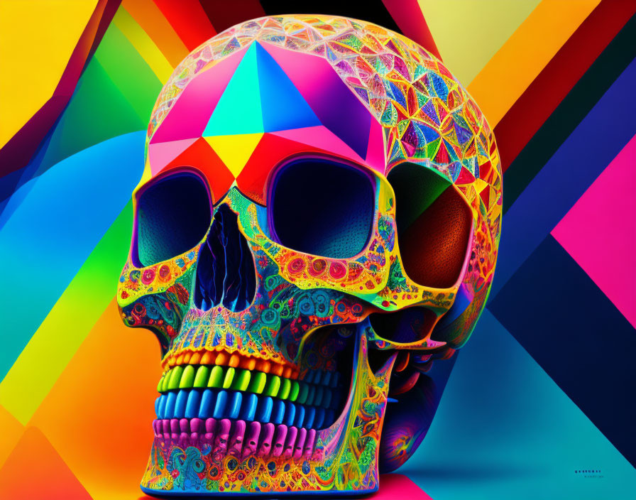 Colorful Human Skull Digital Artwork with Rainbow Background