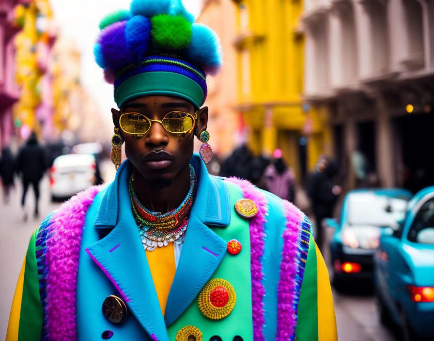 Fashionable person in colorful outfit with layered necklaces and yellow sunglasses, urban backdrop