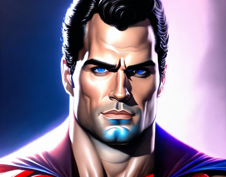 Male superhero in blue suit with red cape and 'S' logo - Strong and determined portrayal