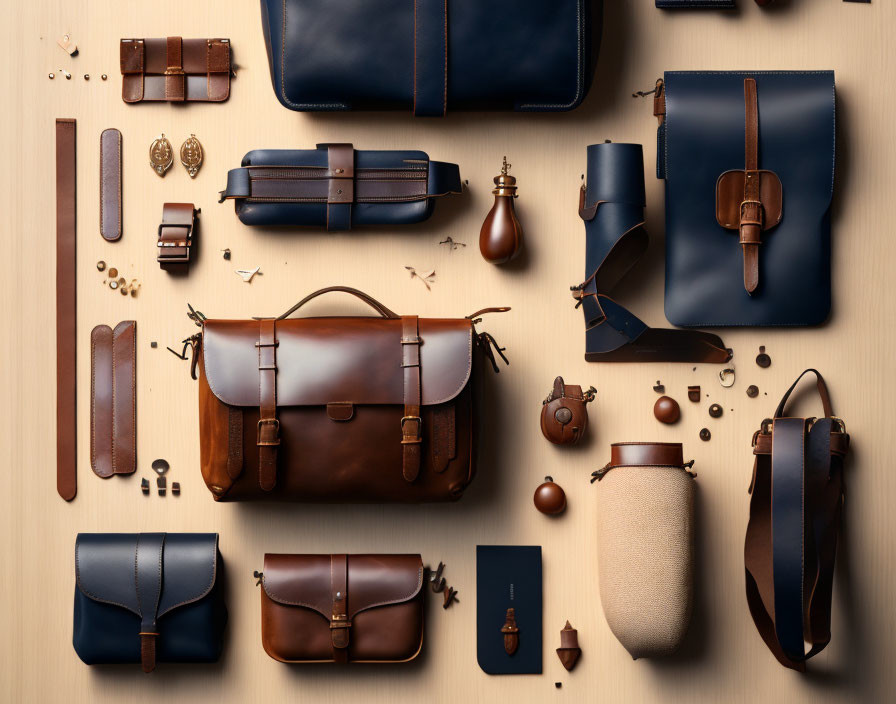 Stylish leather goods collection on beige background