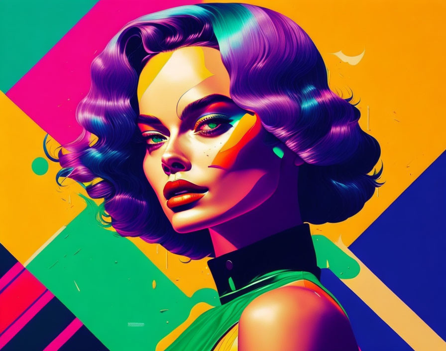 Colorful Geometric Background with Woman in Stylized Makeup