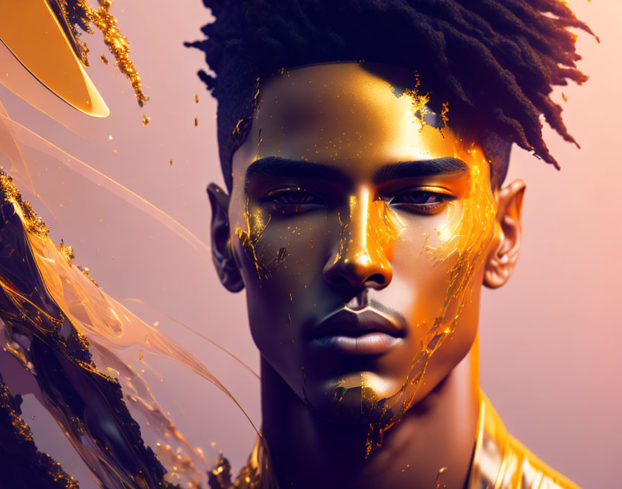 Portrait of a man with dreadlocks in golden hues and splashes