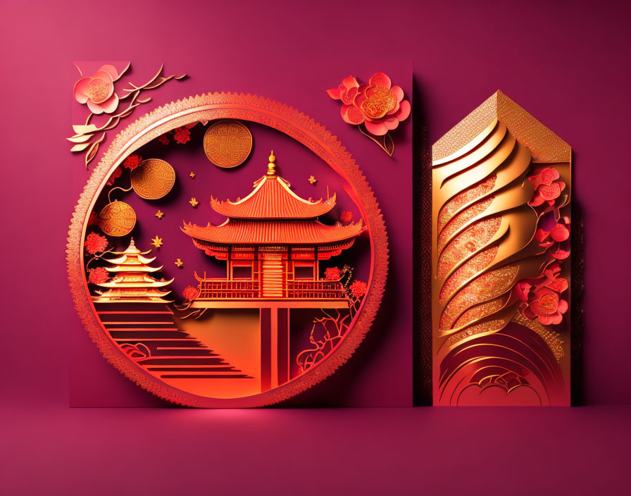 Asian Pagoda 3D Artwork: Prosperity and Tradition Symbolized in Red and Gold Flowers