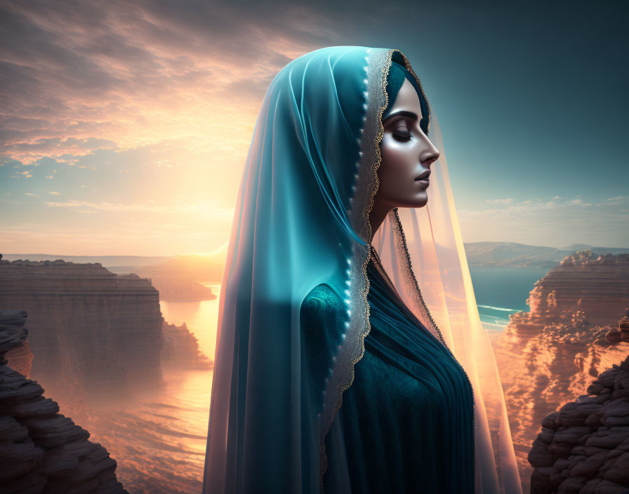 Woman in Blue Veil Against Orange Canyon Cliffs at Sunrise or Sunset