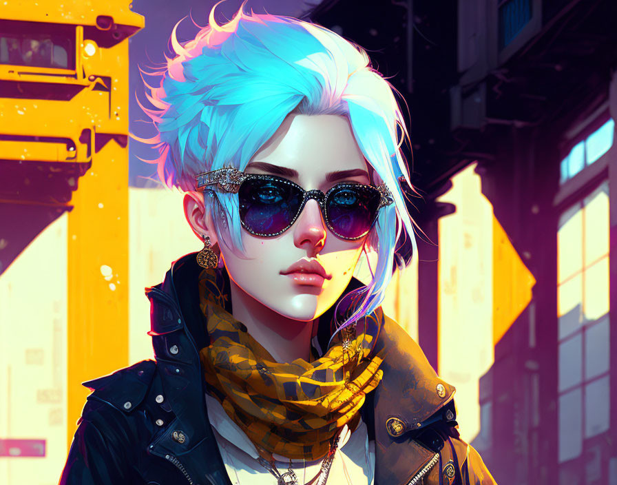 Vibrant blue hair person in sunglasses and leather jacket artwork