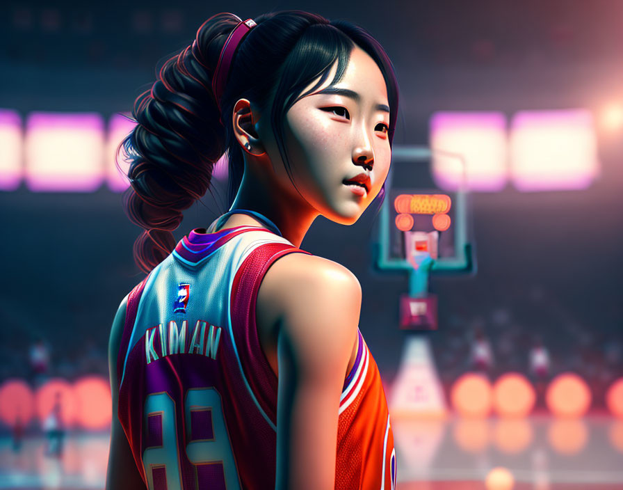 Vibrant digital artwork of woman in basketball jersey with court backdrop