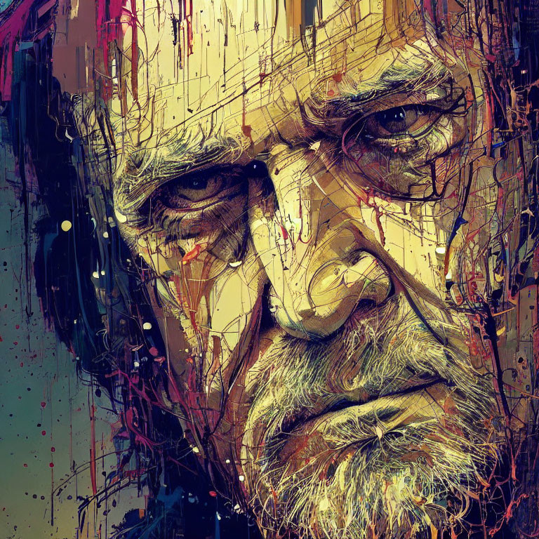 Colorful Abstract Portrait of Older Man with Intense Eyes