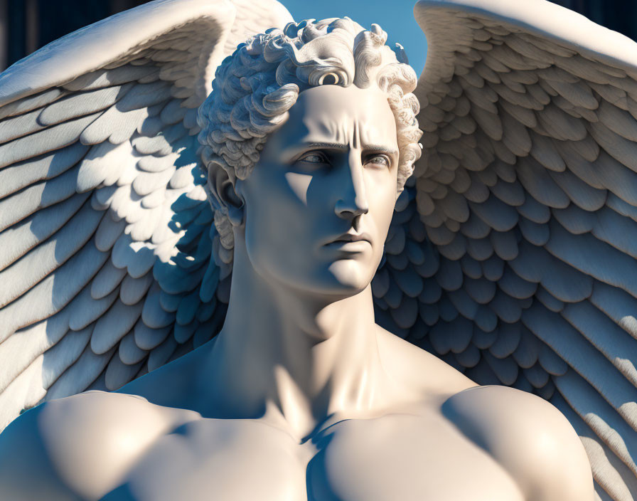 Detailed Winged Male Figure Statue with Stern Expression on Dark Background