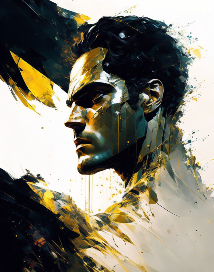 Vibrant yellow and white brushstrokes on dark background: Man's profile digital art
