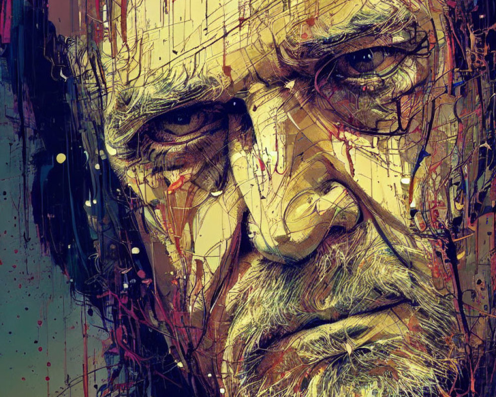 Colorful Abstract Portrait of Older Man with Intense Eyes
