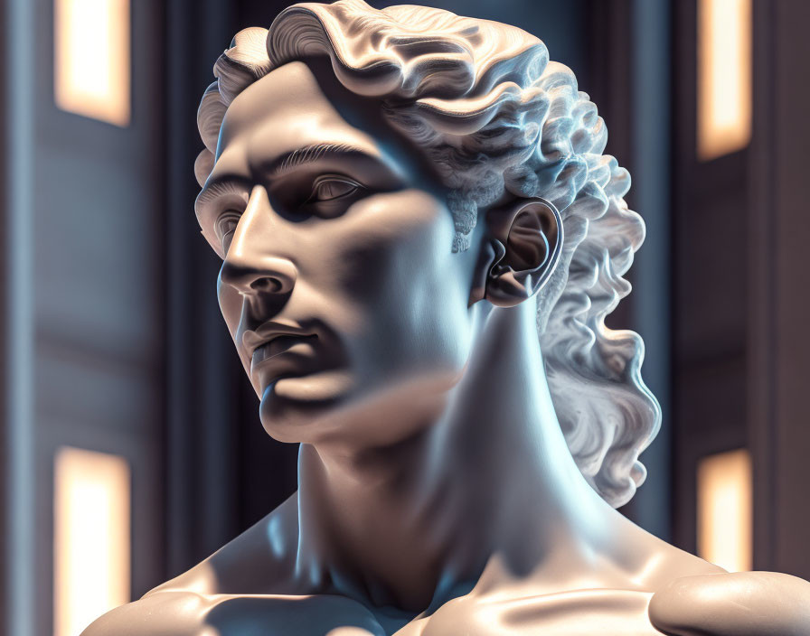 Classical bust digital artwork with detailed curly hair and chiseled features in blueish tone against column