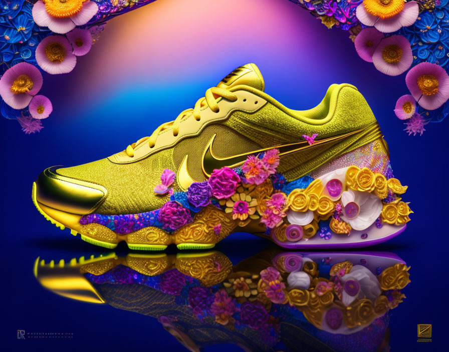 Colorful Flower Adorned Yellow Sneaker on Reflective Background