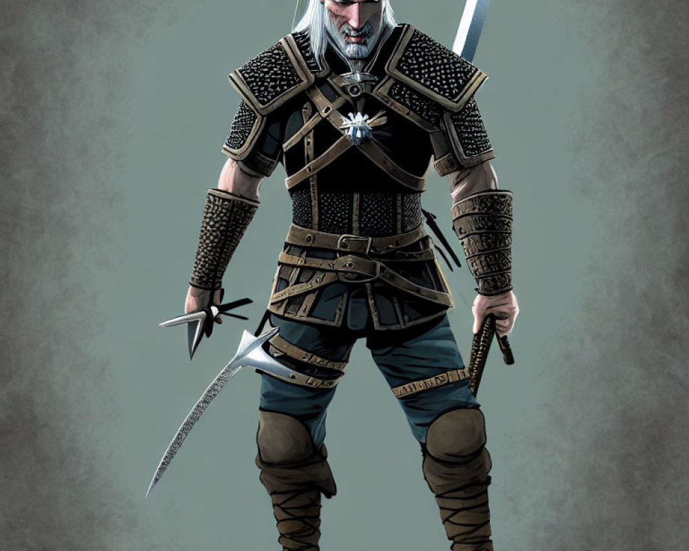 White-Haired Bearded Warrior in Medieval Armor with Two Swords