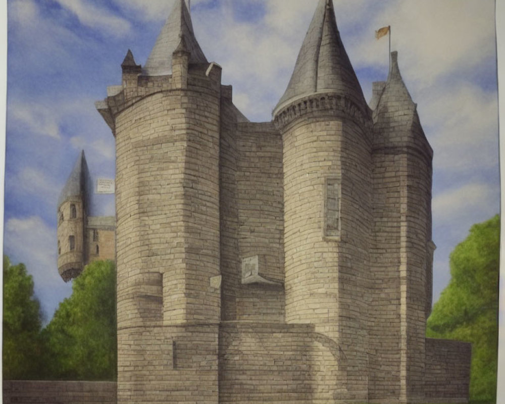 Medieval stone castle painting with turrets, flag, path, greenery, and blue sky