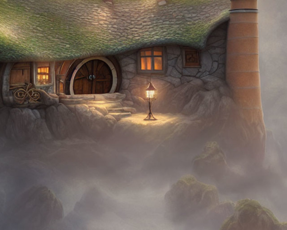 Fantasy house with lighthouse, mist, wooden door, stone chimney, and lamppost