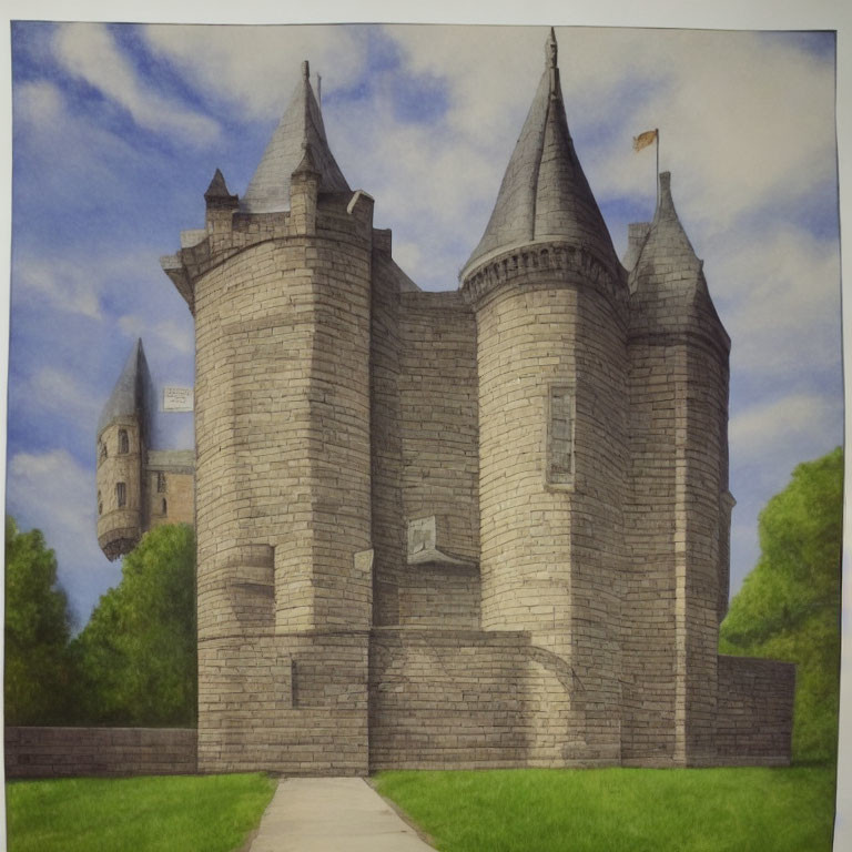 Medieval stone castle painting with turrets, flag, path, greenery, and blue sky