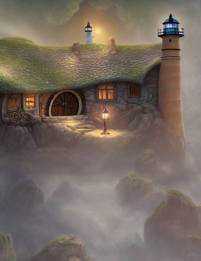Fantasy house with lighthouse, mist, wooden door, stone chimney, and lamppost