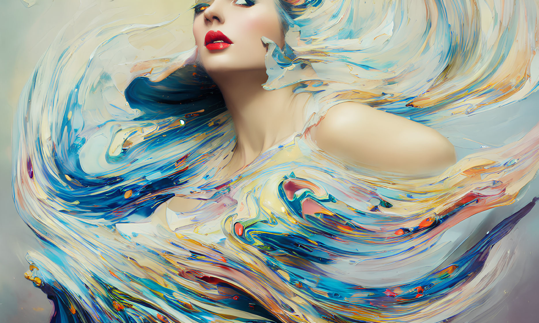 Vibrant woman with red lipstick in colorful paint swirls