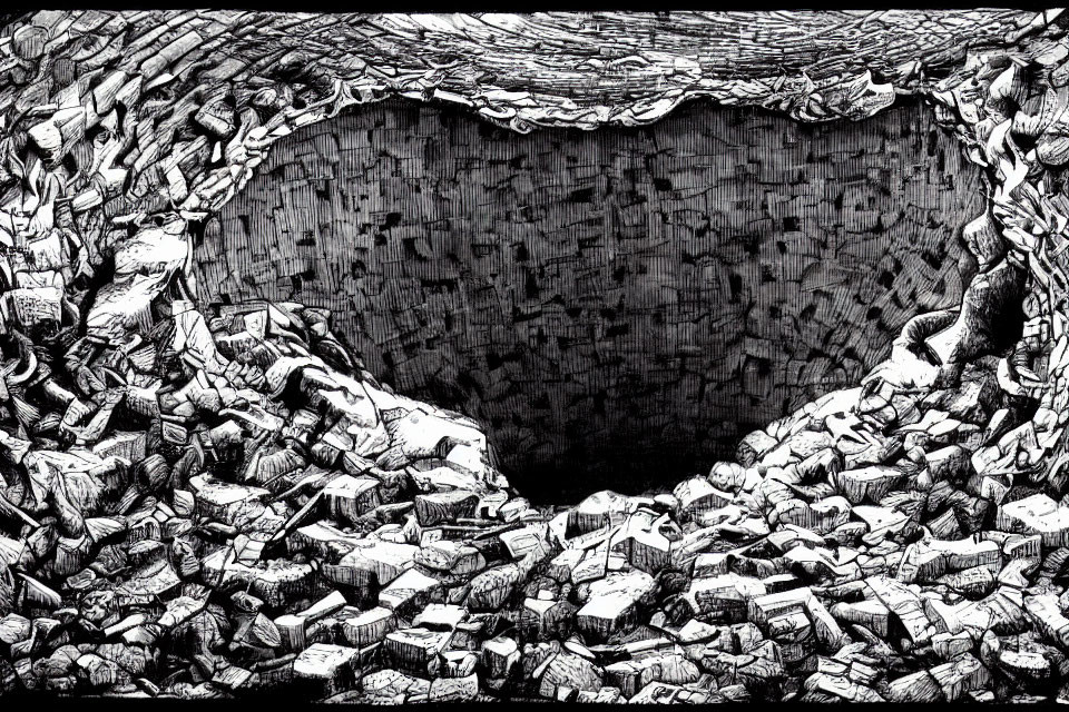 Detailed Monochrome Drawing of Ominous Cave Mouth with Books