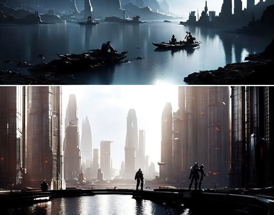 Futuristic cityscape with towering structures and waterways, individuals and traditional boats in foreground