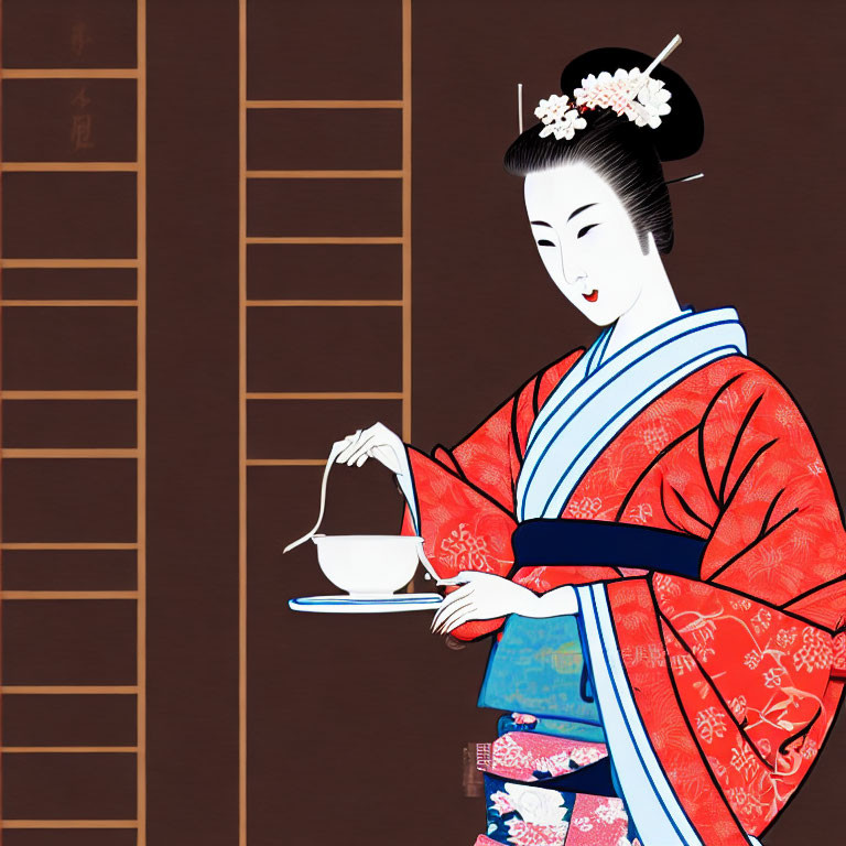 Stylized geisha in red kimono with teapot and Japanese decor.