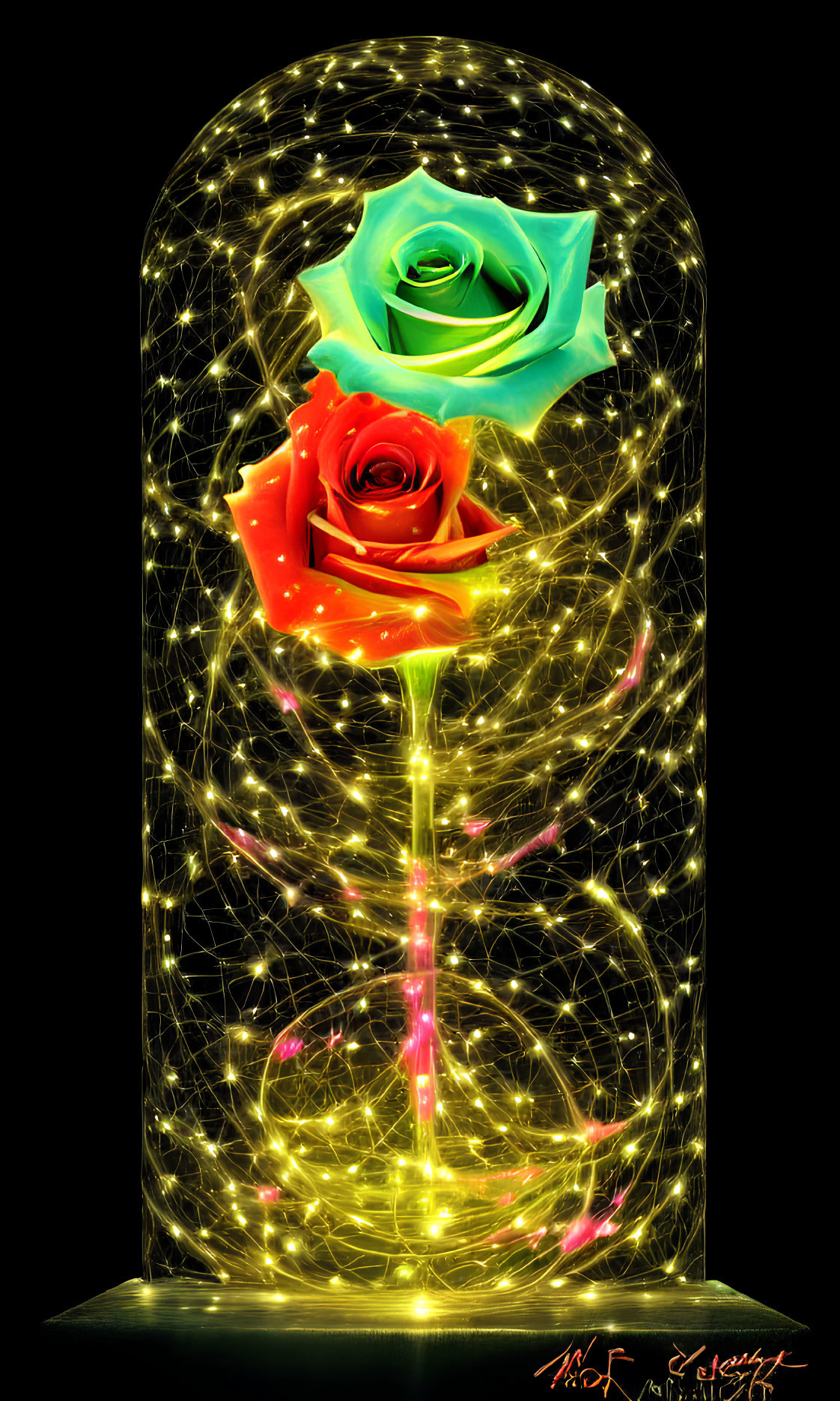 Digital Artwork: Two Roses in Golden Light on Black Background