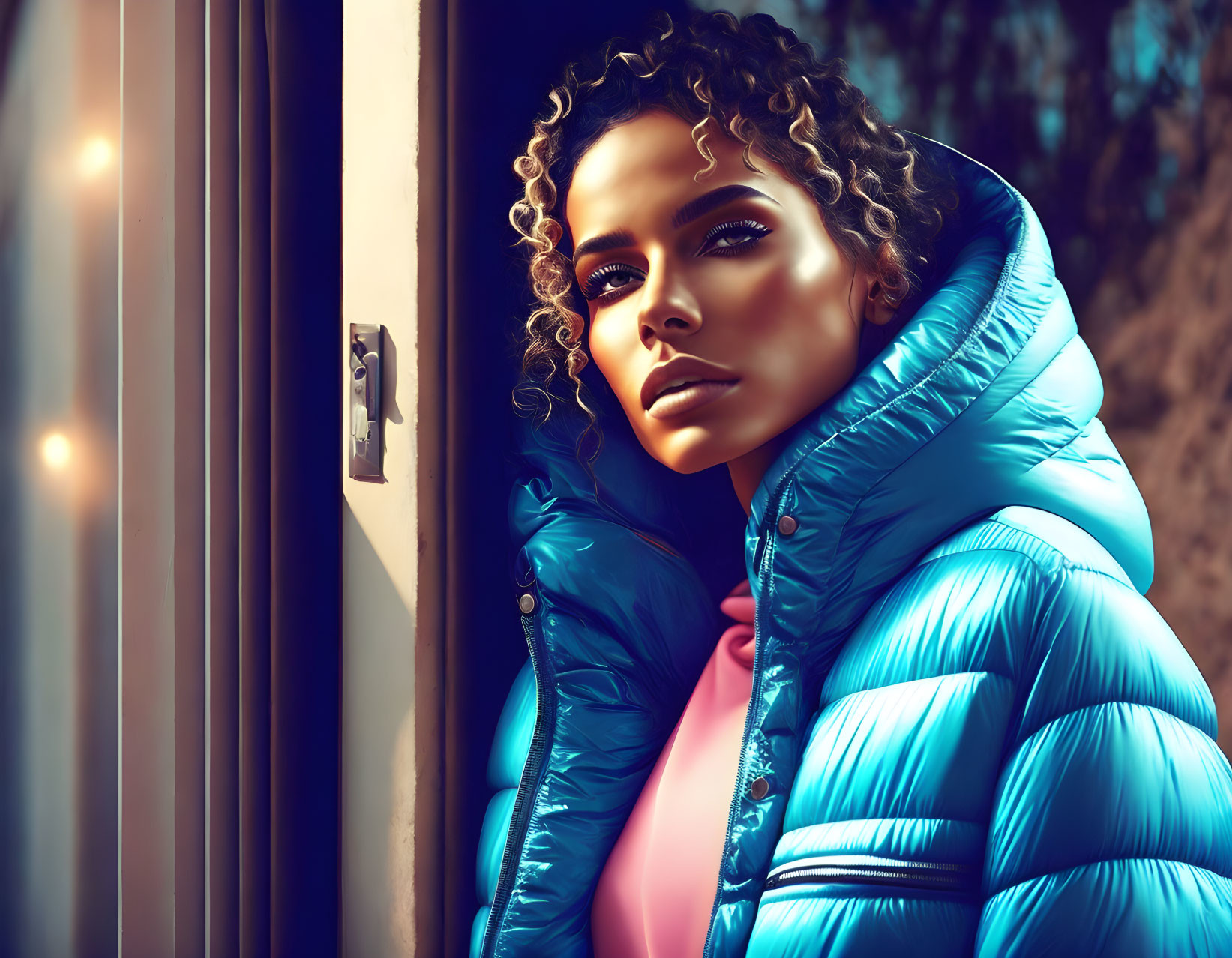 Person in blue puffer jacket with curly hair leaning on doorframe