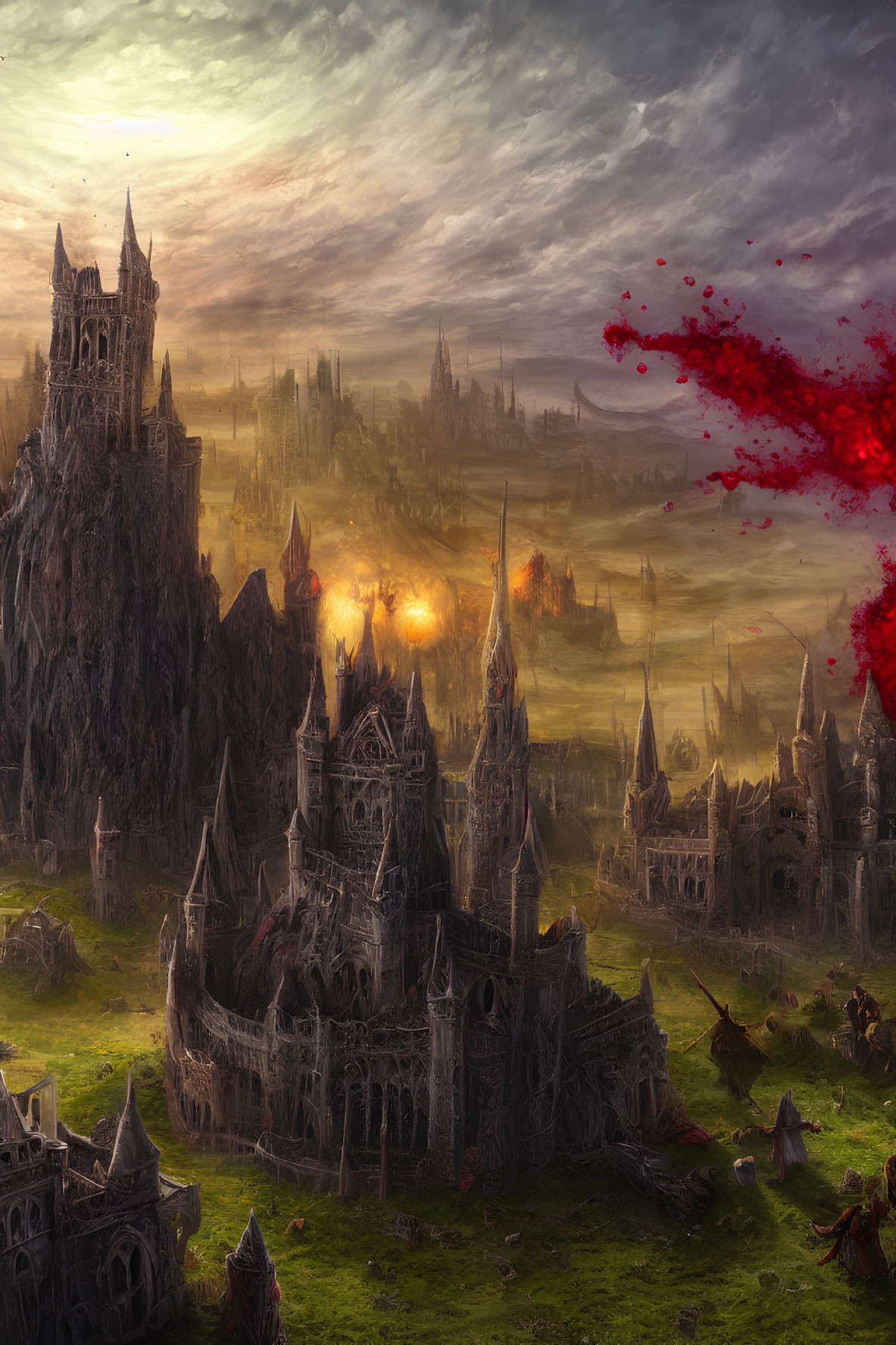Gothic castle in battle-scarred landscape under ominous sky