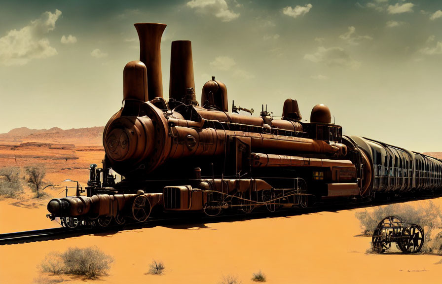 Fantastical steam locomotive with multiple smokestacks in desert landscape