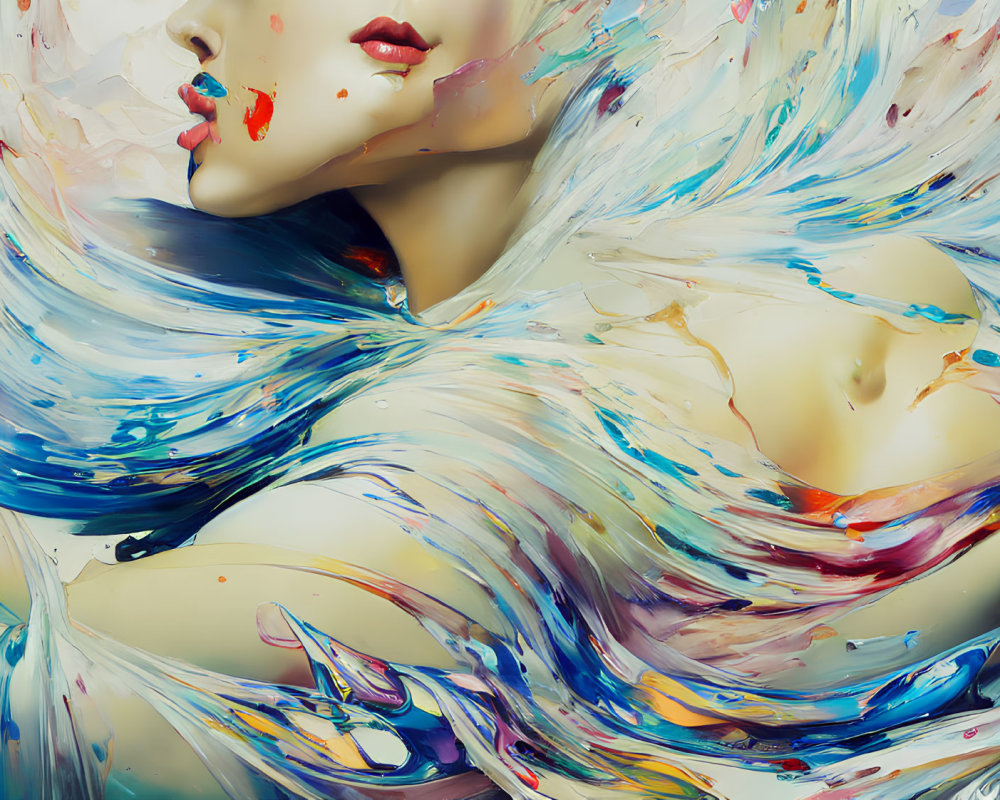Colorful digital artwork of woman merging with dynamic strokes