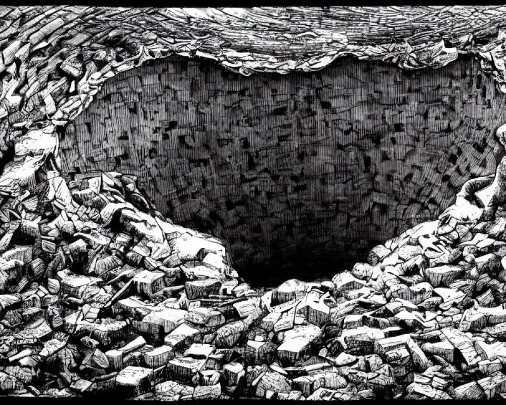 Detailed Monochrome Drawing of Ominous Cave Mouth with Books