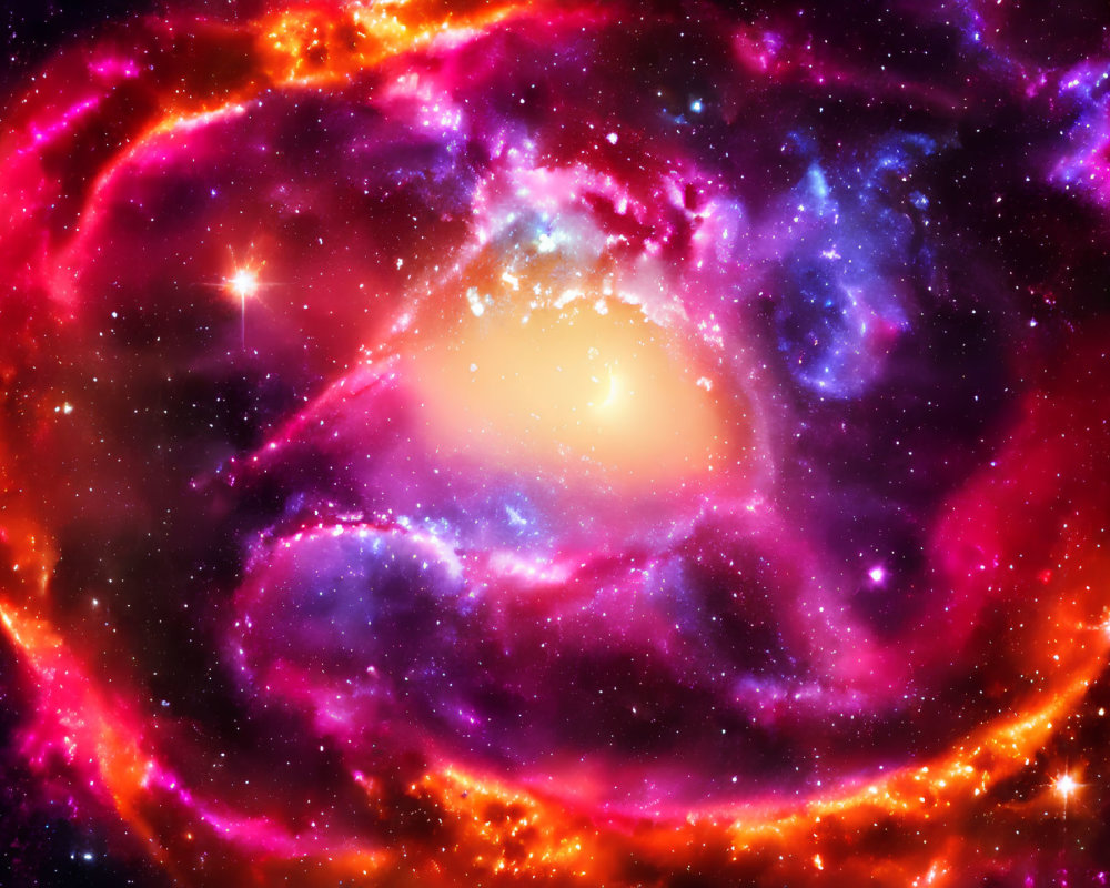 Colorful cosmic galaxy with bright centers and swirling arms in pink, purple, and yellow hues