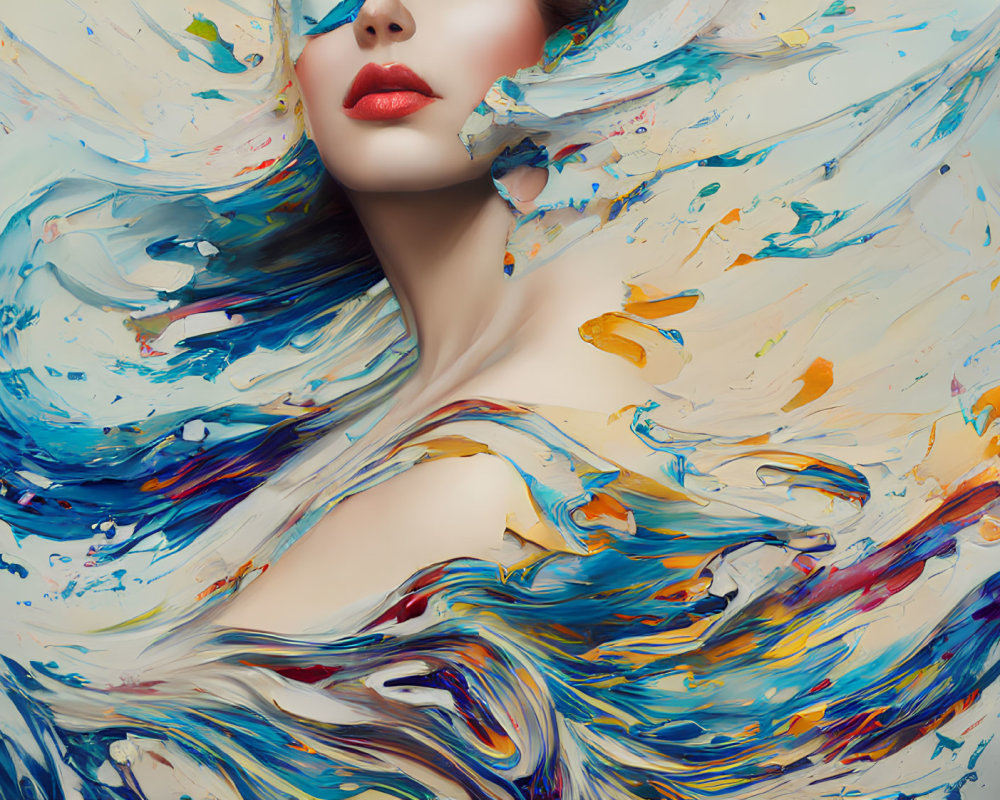 Colorful digital artwork of a woman amidst swirling paint patterns