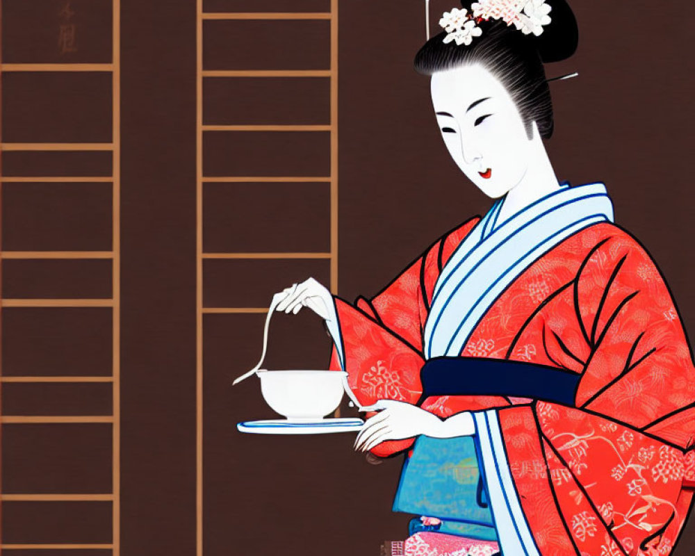 Stylized geisha in red kimono with teapot and Japanese decor.
