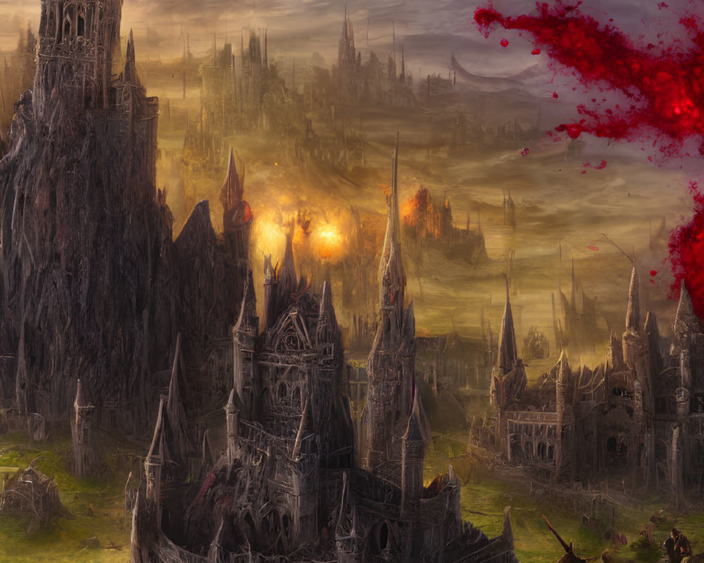 Gothic castle in battle-scarred landscape under ominous sky